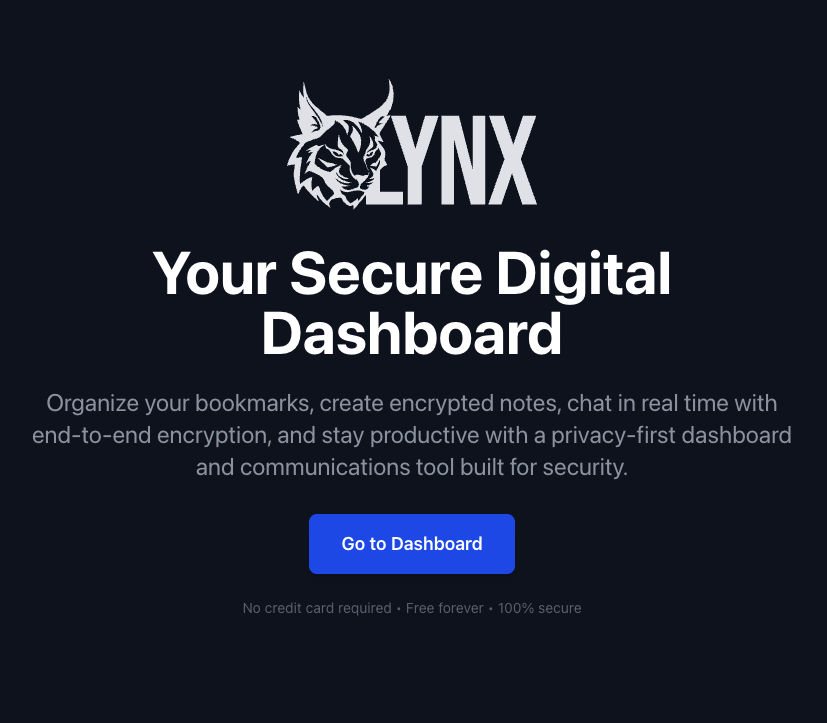 LYNX — Your Secure Digital Dashboard landing page: bookmarks, encrypted notes, real-time E2E chat, and privacy-first productivity
