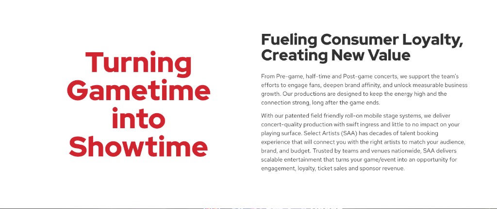 Select Artists: Turning gametime into showtime — marketing headline and copy